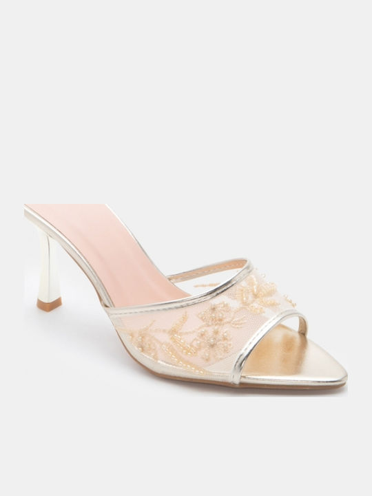 Damen Pantoletten mit Hoch Absatz in Gold Farbe