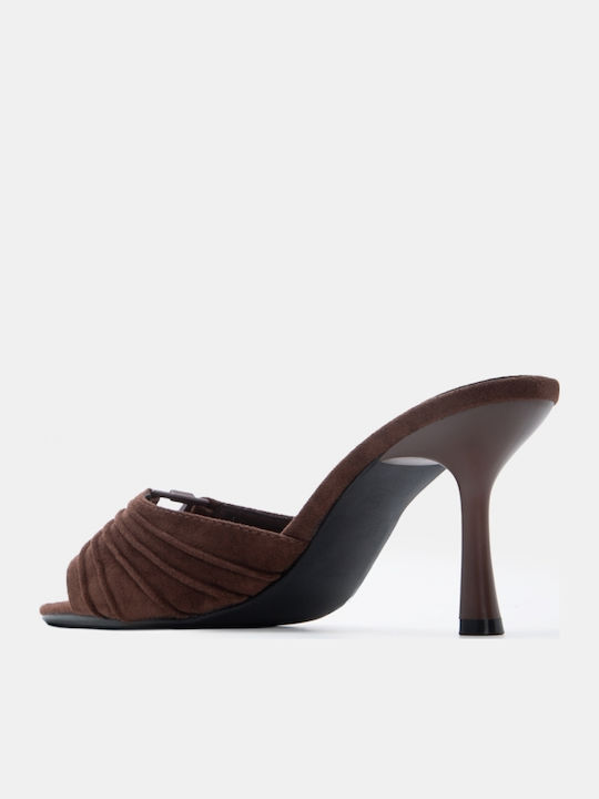 Suede Damen Pantoletten mit Hoch Absatz in Brauner Farbe