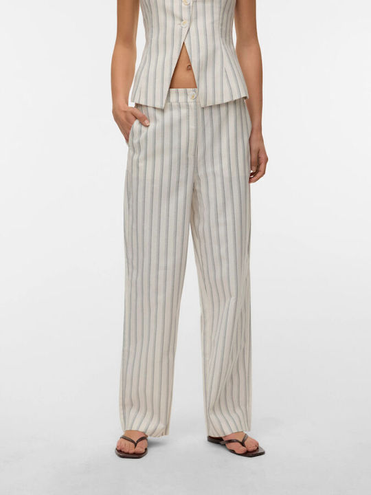 Damen Hochgeschnittenes Leinenhose in Gerader Bein Stil Gestreift Snow White W China Blue Streifen