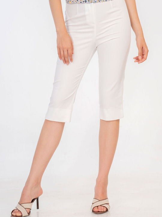 Women's High Rise Fabric Capri Trousers with Rubber Band in Regular Fit White