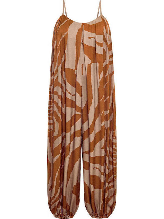 Celestino Ολόσωμη Γυναικεία Φόρμα Σατέν Animal Print Loose Fit Κεραμιδί