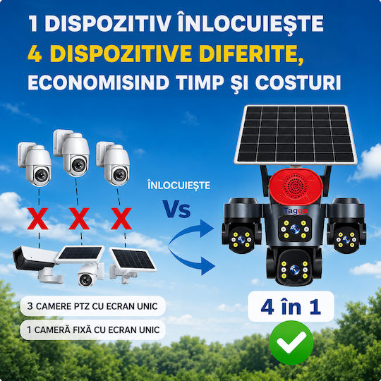 Taggo PRO-Q70 IP Cameră de Supraveghere Quad 4G 15MP Impermeabilă cu Baterie cu Comunicare Bidirecțională și Obiectiv de 1.6mm