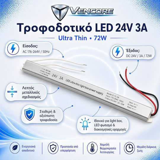 Vencore 6614-50008 Aluminium Ultra Slim Power Supply 72W 24V 3A Aluminium Power Supply Ultra Slim Profile 230 Volt 24 Volt 72 Watt 3 Ampere M31.3 X W2 X H2cm 6614-50008