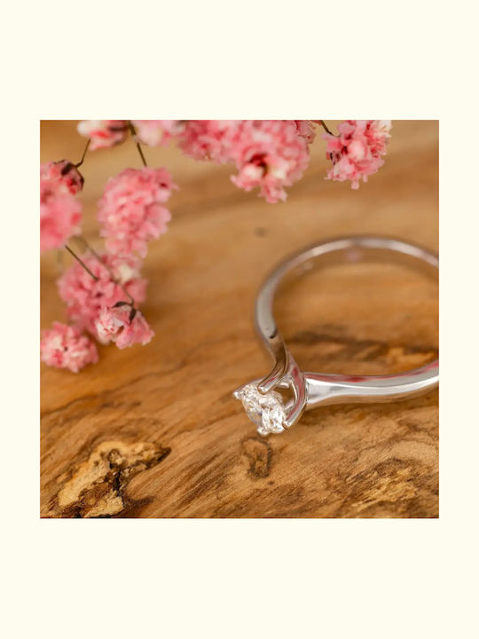 Single Stone Ring In 14K White Gold With Synthetic Diamond