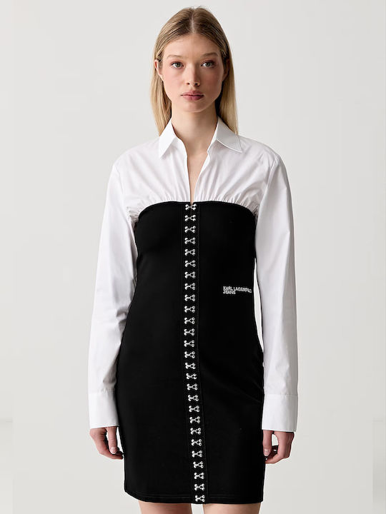 Sommer Mini Hemdkleid Langärmelig Schwarz/Weiß