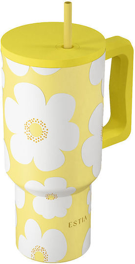Estia Straw Tumbler XL Save The Aegean Recyclable Handled Tumbler Thermos Stainless Steel BPA Free 900ml Yellow Daisy with Straw and Handle