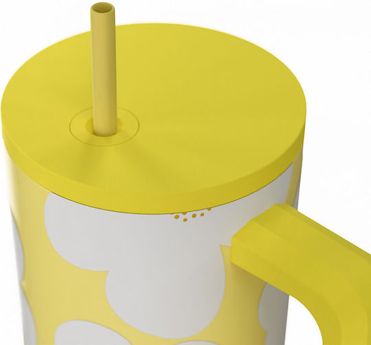 Estia Straw Tumbler XL Save The Aegean Recyclable Handled Tumbler Thermos Stainless Steel BPA Free 900ml Yellow Daisy with Straw and Handle