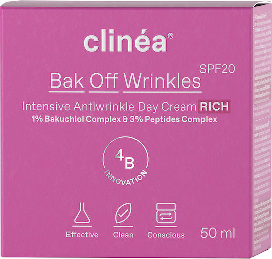 Clinea Bak Off Wrinkles Rich Αντιγηραντική Κρέμα Προσώπου Ημέρας με SPF20 με Υαλουρονικό Οξύ & Bakuchiol 50ml