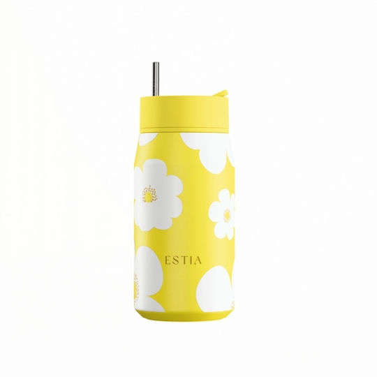Estia Lens Save The Aegean Thermos Bottle Stainless Steel BPA Free 360ml Yellow Daisy with Straw