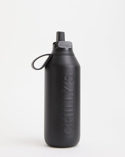 Chilly's Series 3 Flip Μπουκάλι Θερμός Ανοξείδωτο BPA Free 500ml Onyx Black με Επιστόμιο, Θηλιά και Καλαμάκι