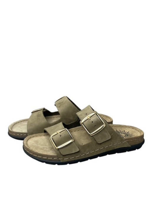 Leather Women's Flat Sandals Green