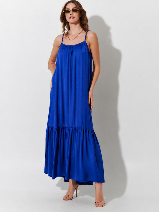 Summer Maxi Slip Dress with Ruffles Blue