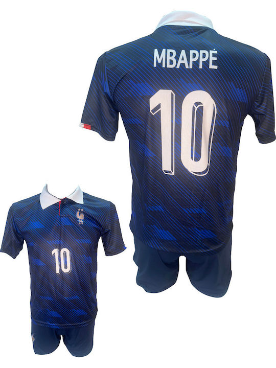 Kids Football Kit Mbappe France National Team Blue White Collar 190726-06