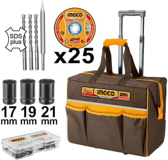 Ingco Ingco Akkubetriebene Werkzeugsets Eckiges Rad Schlagbohrschrauber Schlagschrauber Hammer Objektiv Brushless 20V mit 2 Batterien 4Ah und Tragetasche