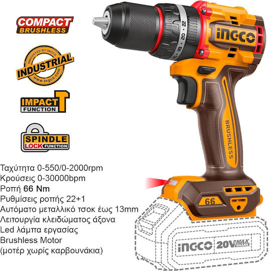 Ingco Ingco Akkubetriebene Werkzeugsets Eckiges Rad Schlagbohrschrauber Schlagschrauber Hammer Objektiv Brushless 20V mit 2 Batterien 4Ah und Tragetasche