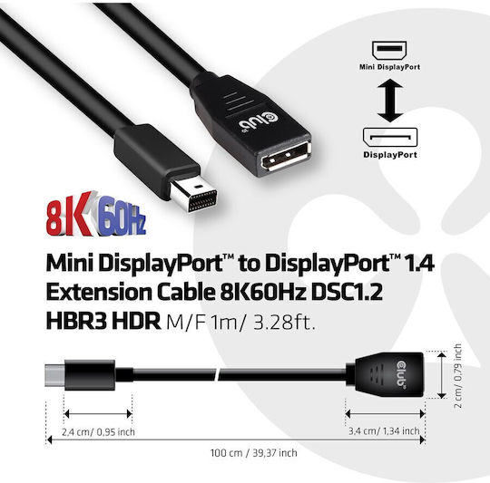 Club3D DisplayPort Cable Male - Mini DisplayPort Female 1m Black