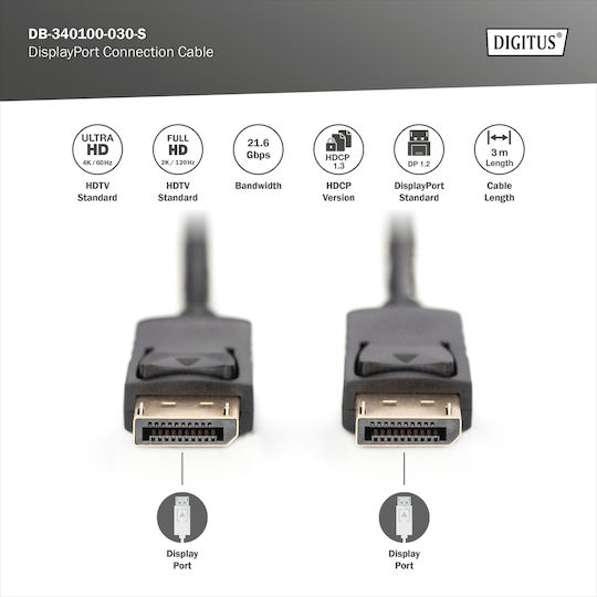 Digitus Cable DisplayPort male - DisplayPort male 3m Black (DB-340100-030-S)