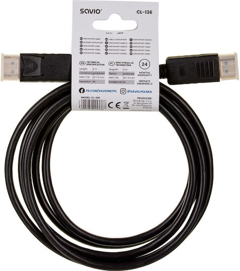 Savio Cable DisplayPort male - DisplayPort male 2m Black (CL-136)