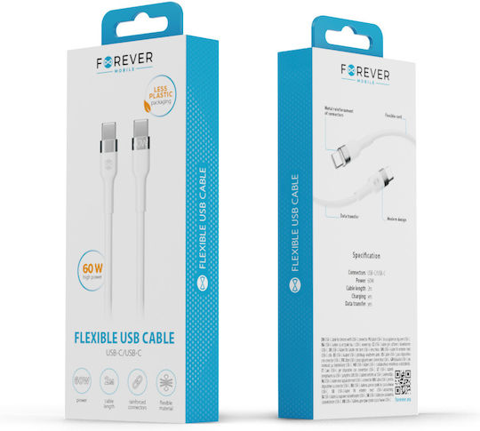 Forever Редовна USB 2.0 Кабел USB-C мъжки - USB-C мъжки 60W Бял 2м