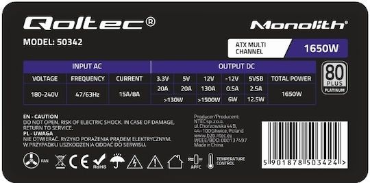 Qoltec 1650W Black Power Supply Full Wired 80 Plus Platinum 50342