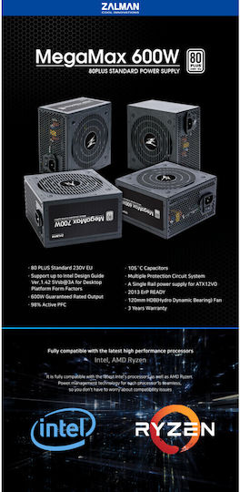 Zalman MegaMax ZM600-TXIIv2 rev. 2.0 600W Black Computer Power Supply Full Wired 80 Plus Standard