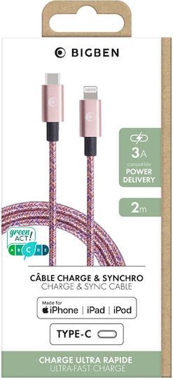 Bigben Connected Usb C Lightning Woven Cable 2m 3a Pink