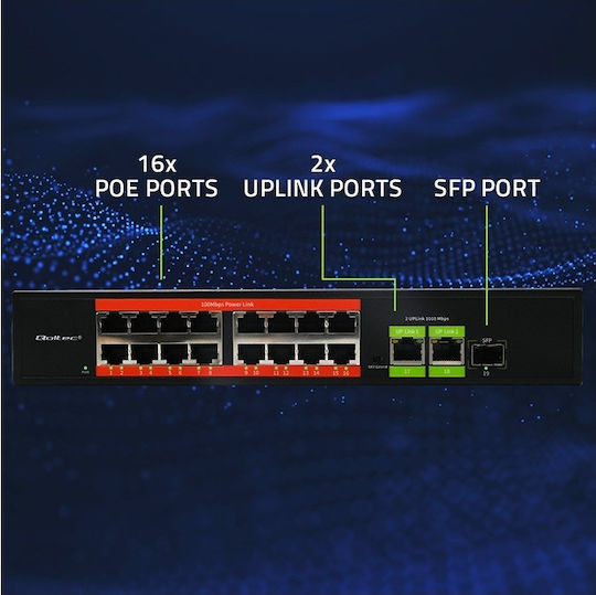 Qoltec 52291 L2 PoE Switch with 16 Ethernet Ports and 1 SFP Port
