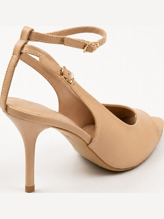 Peep Toe Heels with Stiletto Heel & Strap Beige