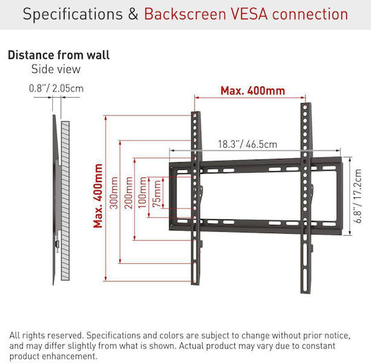 Barkan Suport Fix Montat Pe Perete Pentru Monitor Tv Compatibil Cu Ecrane 13-65" Greutate Maximă Susținută 50kg Vesa 75x75~400x400 Negru