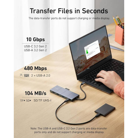 Anker 565 DisplayPort 1.4 / USB-A / USB-C Docking Station με HDMI 4K PD Ethernet και σύνδεση 2 Οθονών Γκρι