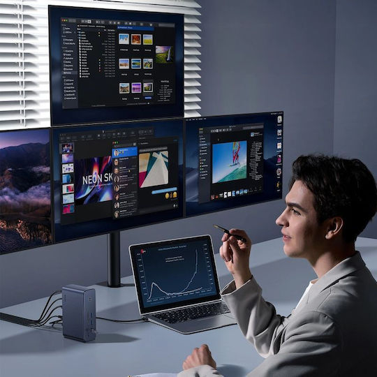 Baseus UnionJoy USB-C Докинг станция с HDMI/DisplayPort 4K PD Етърнет и свързване 2 монитора Сив