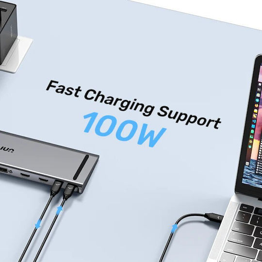 Unitek uHUB11+ USB-C Docking Station με HDMI 4K PD Ethernet και σύνδεση 3 Οθονών Γκρι