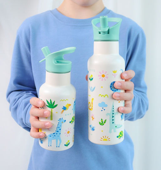 A Little Lovely Company Kids Thermos Water Bottle Stainless Steel with Straw Silver 350ml
