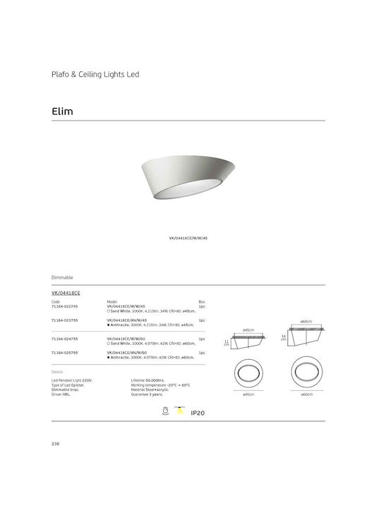 VK Lighting Ceiling Mount Light 45cm Gray with Socket GU10