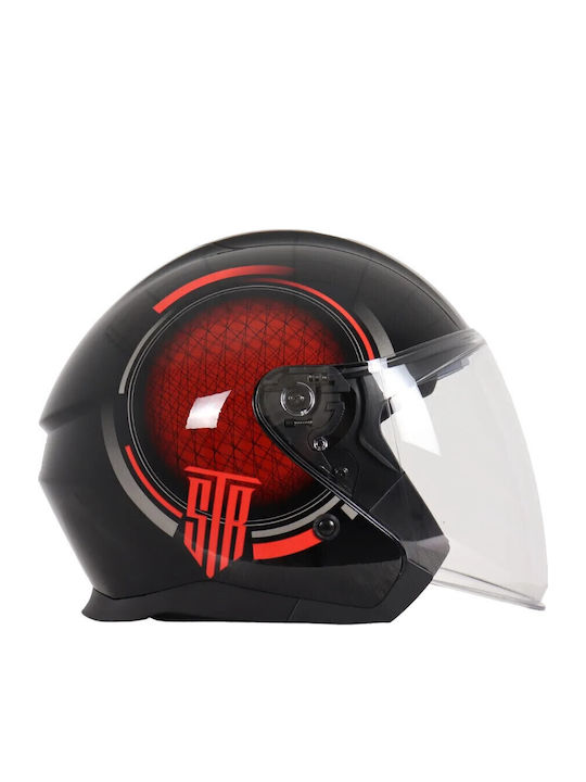 STR Avio Black Red Motorcycle Helmet Jet ECE 22.06 with Sun Visor