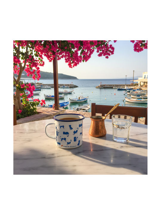 Greek Me Up Blue Cats Cană Emailată Albă 360ml