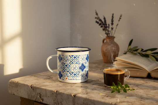 Greek Me Up Tiles Enamel White Mug 360ml