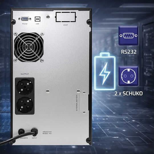 Qoltec 52642 UPS On-Line 3000VA 2400W με 2 Schuko Πρίζες