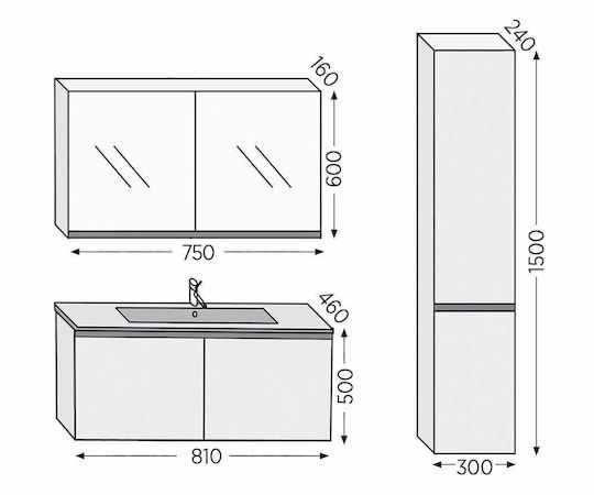 Furnibath Πάγκος με Νιπτήρα & Καθρέπτη με Φως Μ81xΒ46xΥ50cm White