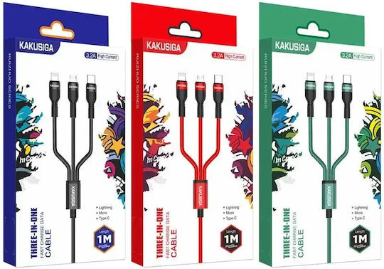 Kakusiga Редовна USB към Lightning / micro USB / Type-C Кабел Червен 1м (KSC-436/RΕD)
