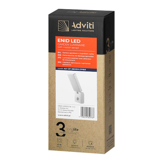 Adviti Wall-Mounted Outdoor Ceiling Lamp LED IP65 10W with Natural White Light 5.35x8.8x23.15cm