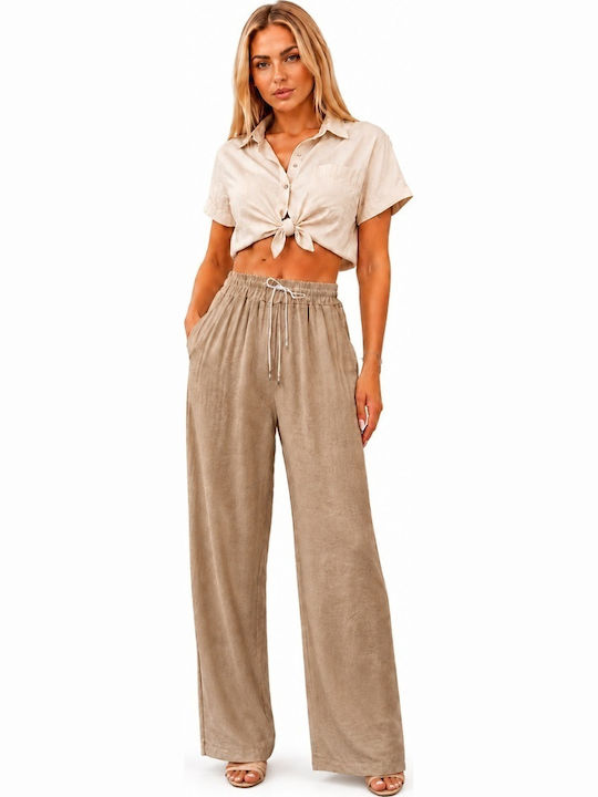 Pantaloni Dama Palazzo High Rise Fit Bej