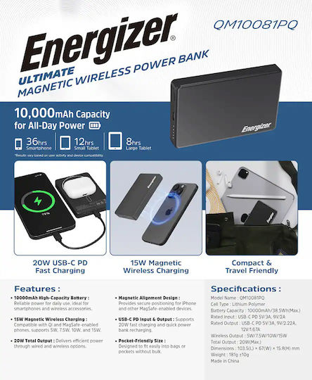 Energizer MagSafe Qi2 Power Bank 10000mAh 20W Power Delivery Black