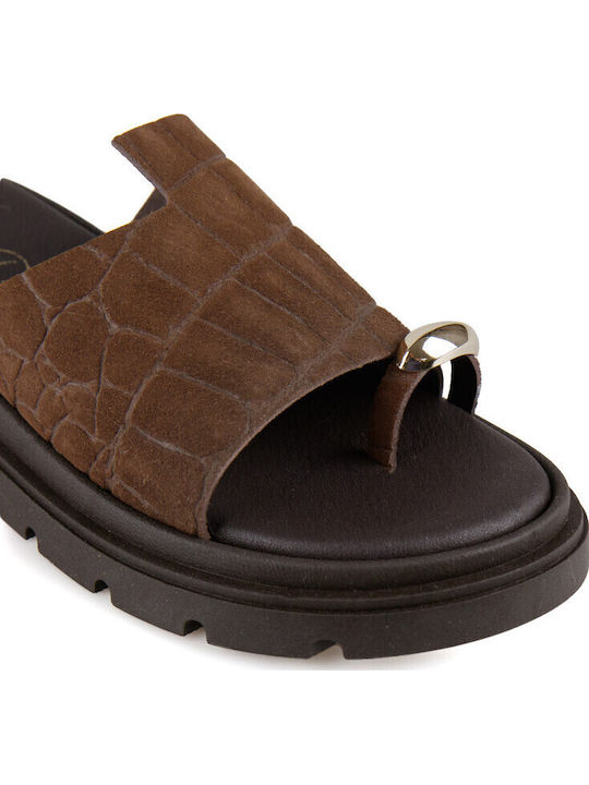 Leather Women's Flat Sandals Flatforms Brown