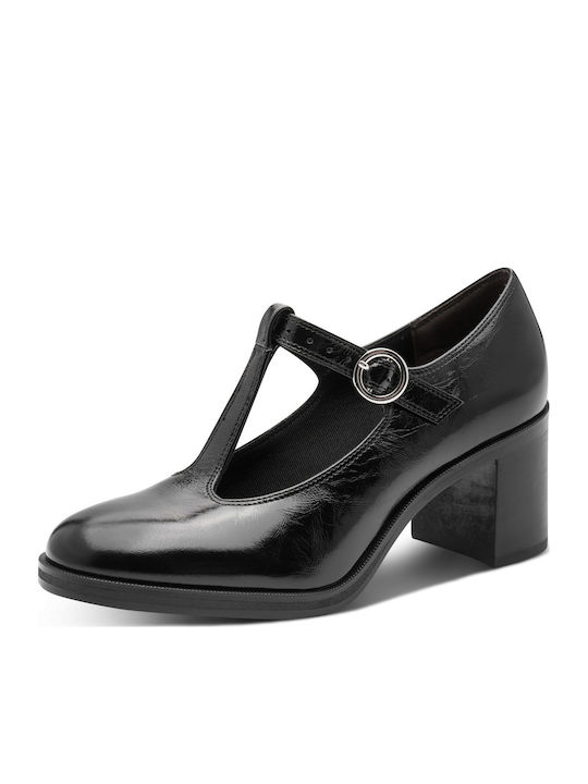 Leather Pointed Toe Heels with Strap and Medium Heel Black