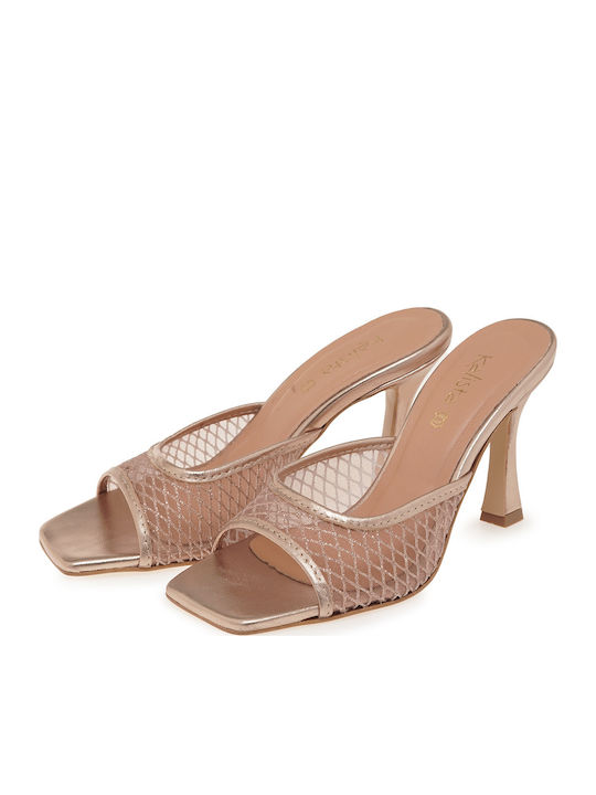 Leather Mules with Heel in Gold Colour