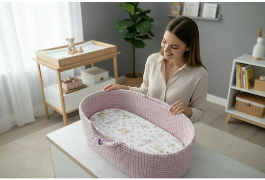 MimiNu Set Lenjerii De Patut Bebe Pentru Cradle Din Bumbac Cu Cauciuc Roz 35x80cm