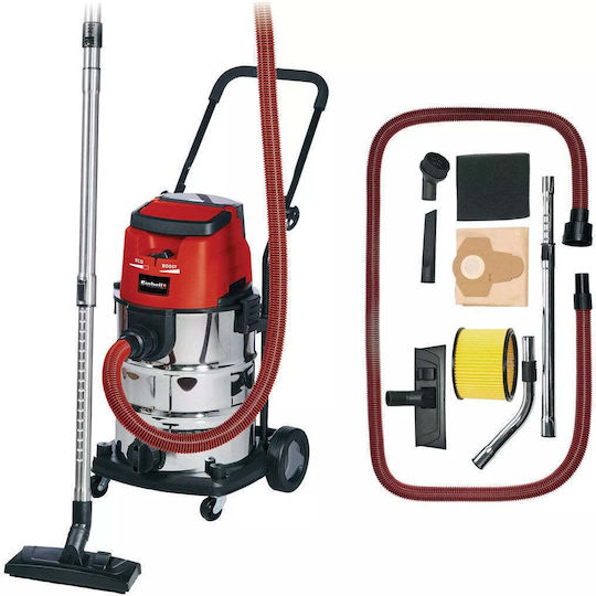 Einhell Te-vc Επαναφορτιζόμενη Σκούπα Υγρών / Στερεών με Ανοξείδωτο Κάδο 30lt Κόκκινη