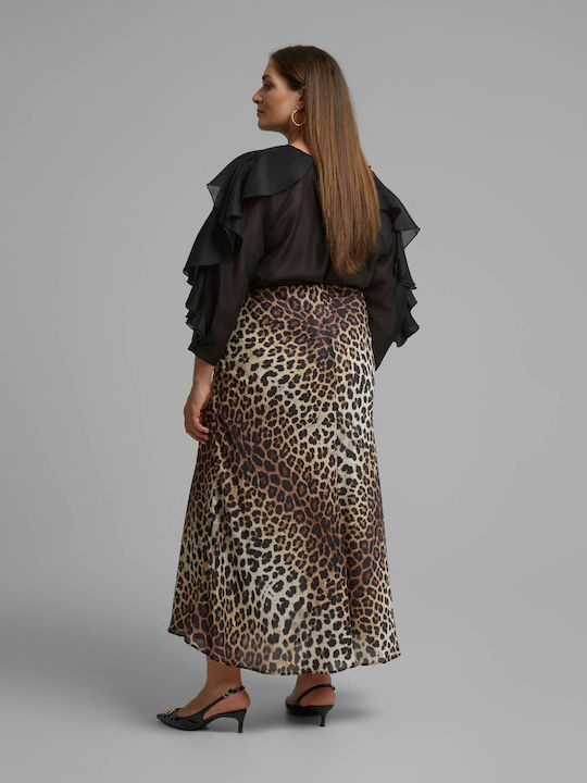 Сатен Висока Талия Midi Дамска Пола Леопардов Animal Print