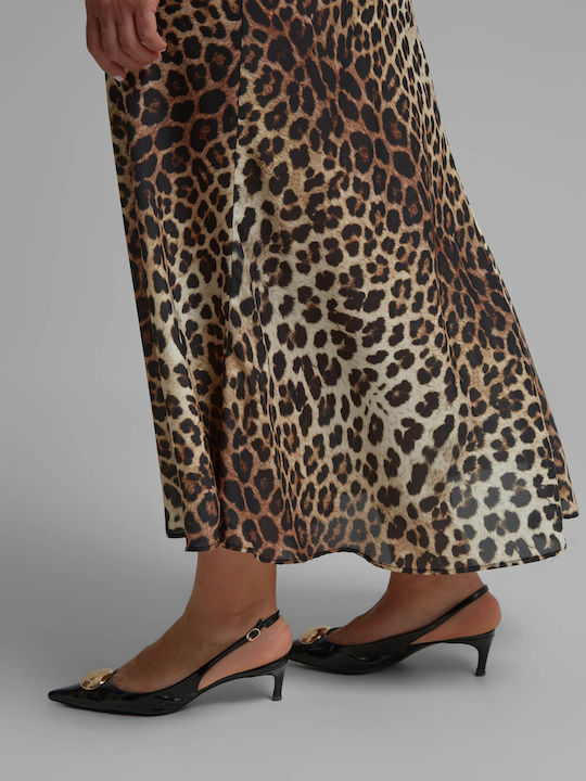 Сатен Висока Талия Midi Дамска Пола Леопардов Animal Print